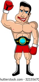 Angry boxer wearing championship belt and exulting isolated 