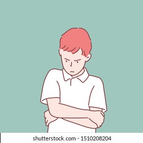 Angry Boy Actions. Angry Child In A Pose, Arms Crossed, With A Disgruntled Look On Him Face. Bullying Children.Hand Drawn Style Vector Design Illustrations.