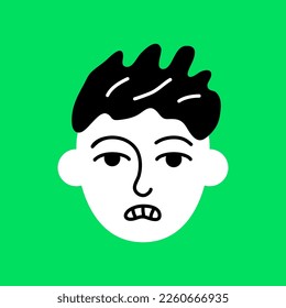 Angry boy avatar. Schoolboy face portrait with emotional facial expression hand drawn doodle sketch vector illustration