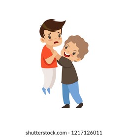 Angry boy beating another who is weaker, bad behavior, conflict between kids, mockery and bullying at school vector Illustration on a white background