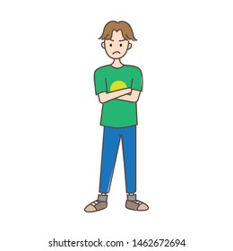 Angry boy cartoon vector in crossed arms position