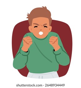 Angry boy child cartoon character frowning forehead clenching fists showcasing aggressive reaction bubble portrait. Children negative emotion and expression, disgruntled look vector illustration