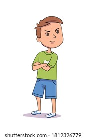 Angry boy crossed his arms over chest, argues and refuses. Child isolated on white background. Vector character illustration of children gestures, emotions, types of moods