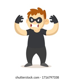 Angry Boy Dressed As A Masked Villain, Cartoon Character. Colorful Flat Vector Illustration, Isolated On White Background.