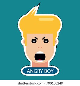 Angry Boy Face - Comic Mood Design - Vector Sticker Illustration