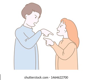 Angry boy and girl quarreling screaming blaming each other. Boyfriend or girlfriend abuser. Difficult relationship with trouble. Conflict with partner. Flat cartoon vector illustration