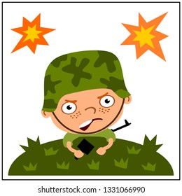 Angry boy with a grenade in his hands crawling on the grass amid explosions.