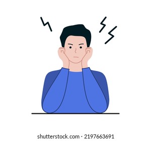 Angry Boy With His Hand On Cheek. Argument, Conflict, Negative Emotions, Stress, Facial Expression Concepts. Flat Cartoon Character Vector Design Illustrations.