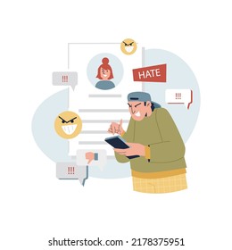 Angry boy leaving negative comments in social media, hate and dislikes flat style, vector illustration isolated on white background. Social media behavior concept