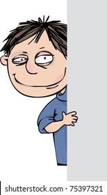 Angry boy peeping out from behind a corner
