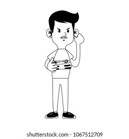 Angry boy playing videogames on black and white