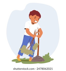 Angry Boy Pulling And Destroying A Plant In A Garden Area, Character Exhibits Frustration And Determination, Reflecting Concepts Of Anger And Destruction In Child Behavior. Cartoon Vector Illustration