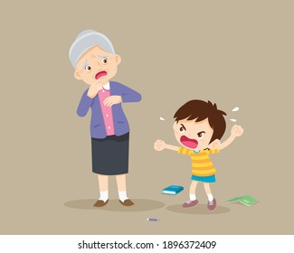 Angry boy scold to sad elderly. Aggressive kid screams at a scared elderly woman. Stop domesic abuse.Family violence and aggression concept.grandchild scold to grandmother.