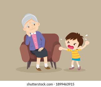 Angry boy scold to sad elderly. Aggressive kid screams at a scared elderly woman. Stop domesic abuse.Family violence and aggression concept.grandchild scold to grandmother.