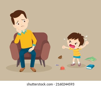 Angry boy scold to worry father. Aggressive kid screams at trouble family.Family violence and aggression kids concept.