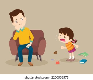 Wütender Junge erschreckte den Vater zu beunruhigen. Aggressive Kinder schreit über Unruhe Familie.Familiengewalt und Aggression Kinder Konzept.