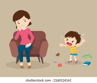 Angry Boy Scold To Worry Mother. Aggressive Kid Screams At Trouble Family.Family Violence And Aggression Kids Concept.