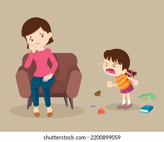 Angry boy scold to worry mother. Aggressive kid screams at trouble family.Family violence and aggression kids concept.