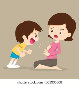 Angry Boy Shouting At Mother.Boy Shouting At Her Mom Action Cartoon Vector Illustration.bullying Children.