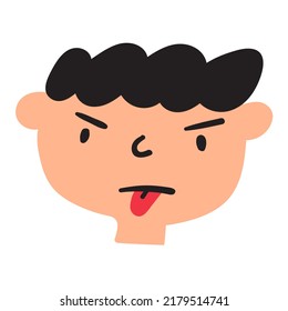 Angry boy showing tongue. Kid grimace. Flat vector illustration on white background.