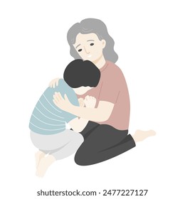 The angry boy sitting with fists and his mother embracing him.