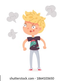 Angry boy standing and shouting. Child with dislike face expression readu to fight. Negative emotion and distress vector illustration. Cute little kid in bad mood on white background.