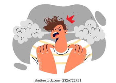 Angry boy with steam coming out of ears angry trying to draw attention to teenage psychological problems. Teenager boy shows aggression associated with poor parenting or house arrest