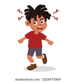 Angry boy with steam from his ears looking at you. Negative human emotion, Facial expression, Aggressive behavior. Depressed nervous condition. Vector illustration in cartoon style