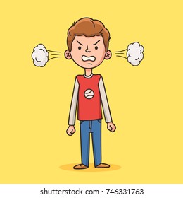 Angry boy with steam from his ears looking at you. Negative human emotion, Facial expression, Aggressive behavior. Depressed nervous condition. Vector illustration in cartoon style