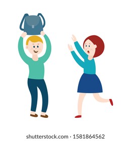 Angry boy teasing taking a school bag away and bullying a girl flat vector illustration isolated on white background. Problem of bad and aggressive behavior and bullying.