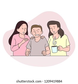 Angry boy trying doing his homework, but does not success in it. Mothers are calming him down. Simple hand drawn illustration. Can use for article illustrations, banners, advertising.