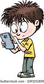 Angry boy uses a mobile phone