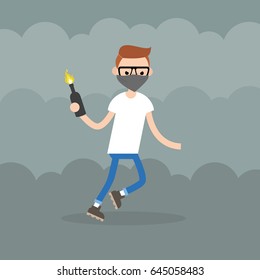 Angry boy wearing a face mask holding a bottle with Molotov cocktail. Flat editable vector illustration, clip art