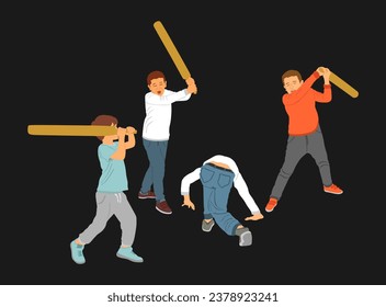 Angry boys with bat in fight vector illustration isolated. Bully kids beat abused friend. Rubber stick game on children playground. Frighten bullying victim begs for help on ground. Street fighters.