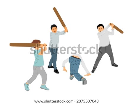 Angry boys with bat in fight vector illustration isolated. Bully kids beat abused friend. Rubber stick game on children playground. Frighten bullying victim begs for help on ground. Street fighters.