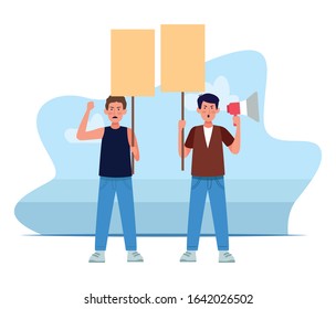 muchachos enojados que protestan sosteniendo carteles en blanco sobre fondo blanco, diseño colorido, ilustración vectorial