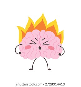 Personaje cerebral enojado en llamas. Concepto de estrés y agotamiento. Divertida mascota emocional. Ilustración vectorial aislada
