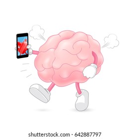 Angry brain character talking with heart via mobile phone. Logic and emotion concept. Illustration isolated on white background.