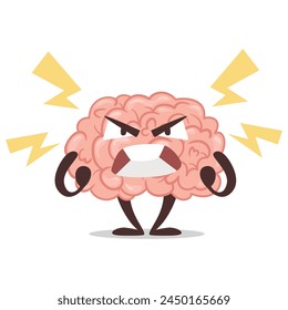 Angry brain crazy mad emotion cartoon character with lightning vector flat illustration. Furious anger negative expression shout scream annoyed smart intelligence human internal organ anxiety genius