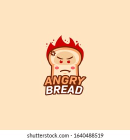 Angry bread bakery logo icon bread cartoon mascot with mad angry flame burning head and eyes illustration good for bakery shop, cafe, streamer, gamer or youtuber esport