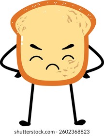 Angry bread slice character in a cartoon vector style. Perfect for branding, food-related content, or digital assets with a fun and expressive theme.