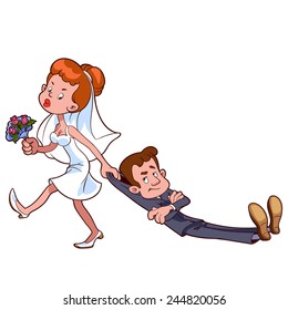 Angry Bride Drags The Groom  To Get Married. Cartoon Characters. Vector Clip-art Illustration On A White Background.