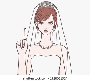 An angry bride with her index finger up 