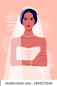 An angry bride is standing with arms crossed. The girl in a wedding dress and with a veil. Vector flat illustration