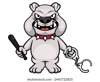 Angry British Bulldog cartoon characters wearing spiked rivet dog collar and carrying a bat and handcuffs. Best for mascot, logo, and sticker with security themes