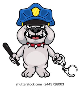 Angry British Bulldog cartoon characters wearing spiked rivet dog collar and police cap, carrying a bat and handcuffs. Best for mascot, logo, and sticker with law enforcement themes