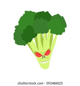 Angry broccoli. Aggressive green vegetable. Dangerous fruit

