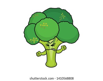 Angry Broccoli cartoon character. Disgusting broccoli vector illustration. Green broccoli isolated on a white background