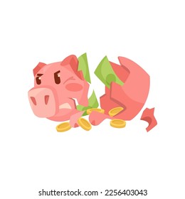 Angry broken comic piggy bank vector illustration. Piggybank cartoon character with money inside, broken moneybox on white background. Banking, finances, debt concept