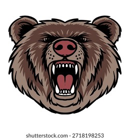 Ilustración de cabeza de oso marrón enojado con expresión audaz y detalles nítidos, ideal para mascota, logotipo o marca con fuerte carácter de vida silvestre.